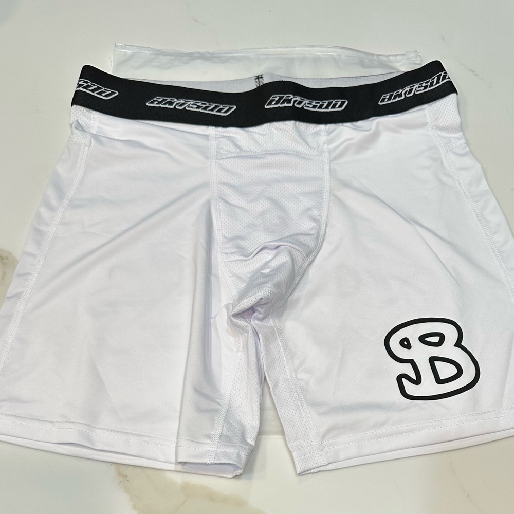BKTSQD White Compression Shorts with Black B Logo - Youth M or XL